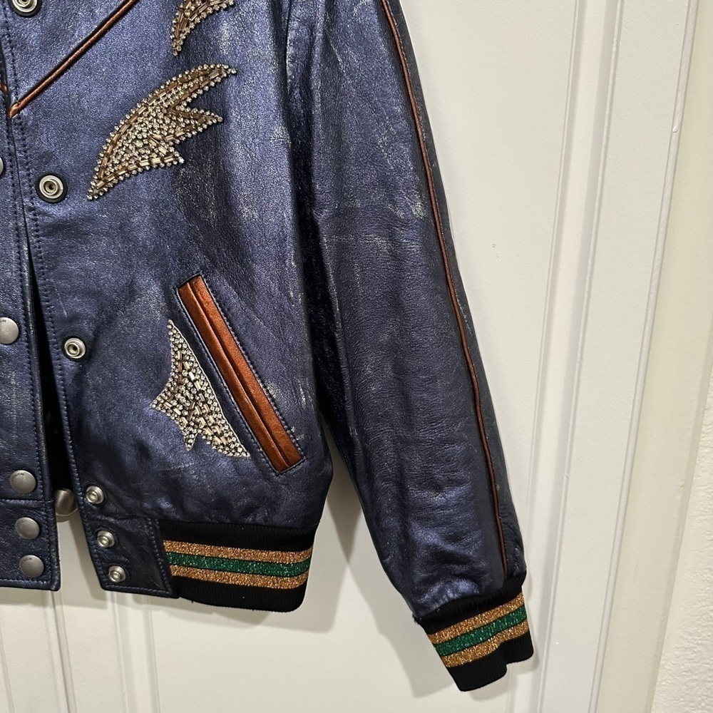 Coach Shrunken Leather Varsity Jacket In Metallic Cadet Blue I Size 2 - Picture 11 of 16